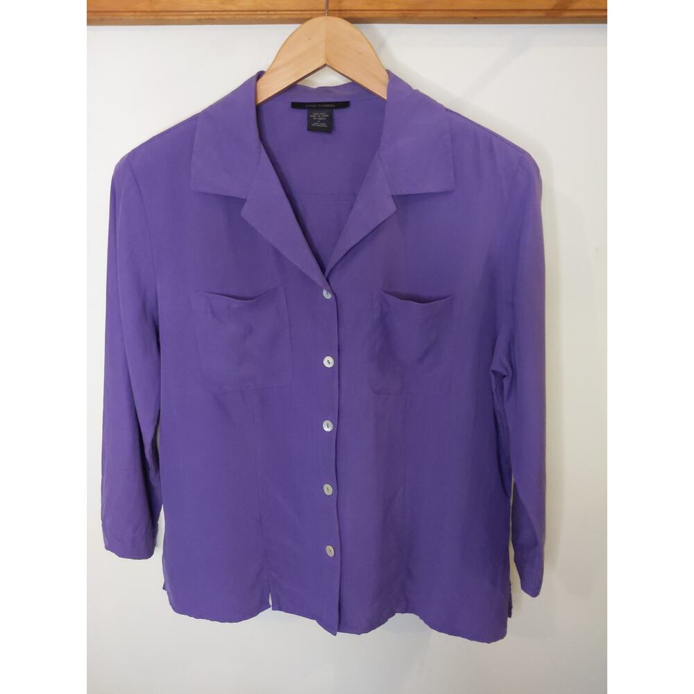 Anne Carson 100% Silk Purple Blouse L Button Front 3/4 Sleeve Lavender Top